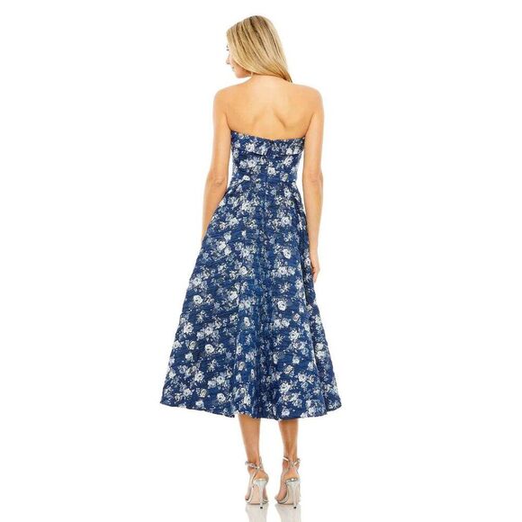 Mac Duggal 68617 Womens Size 10 Blue White Floral‎ Brocade Strapless Midi Dress - Picture 8 of 8